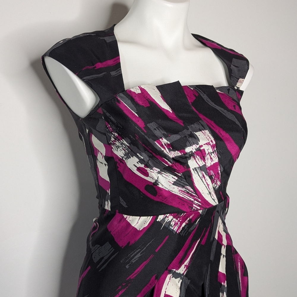 LK Bennett Black White Purple Square Fan Neck Short Sleeve Dress 2 - Picture 3 of 7